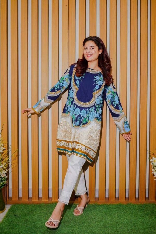 Navy Blue Floral Printed Shirt With White Trousers & Dupatta