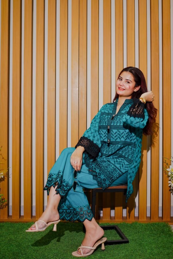 Teal and Black Ethnic Wear with Intricate Lace Detailing