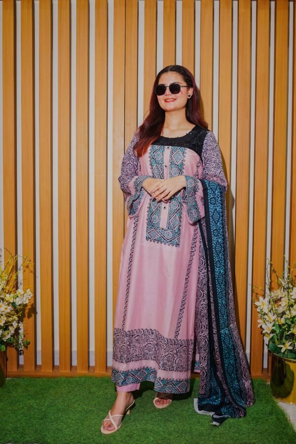 Trendy Pink & Navy Printed Lawn Suit with Stylish Geometric Dupatta
