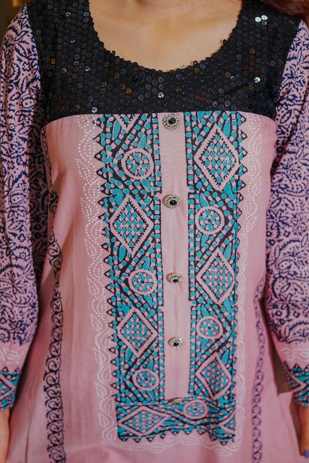 Trendy Pink & Navy Printed Lawn Suit with Stylish Geometric Dupatta