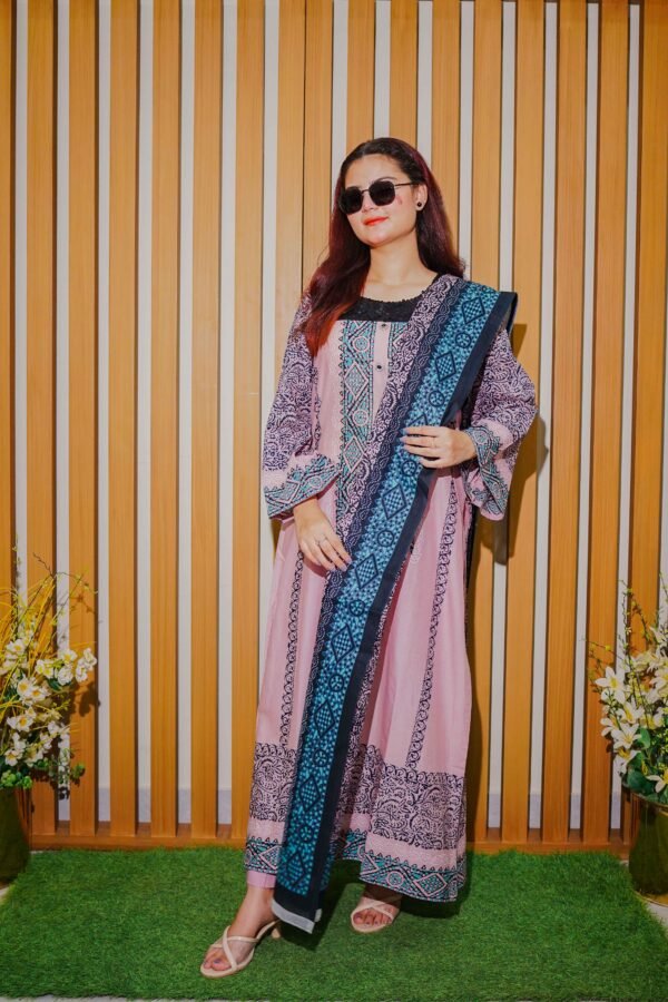 Trendy Pink & Navy Printed Lawn Suit with Stylish Geometric Dupatta