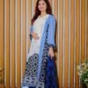 White & Blue 3-Piece Printed Suit with Embroidered Neckline