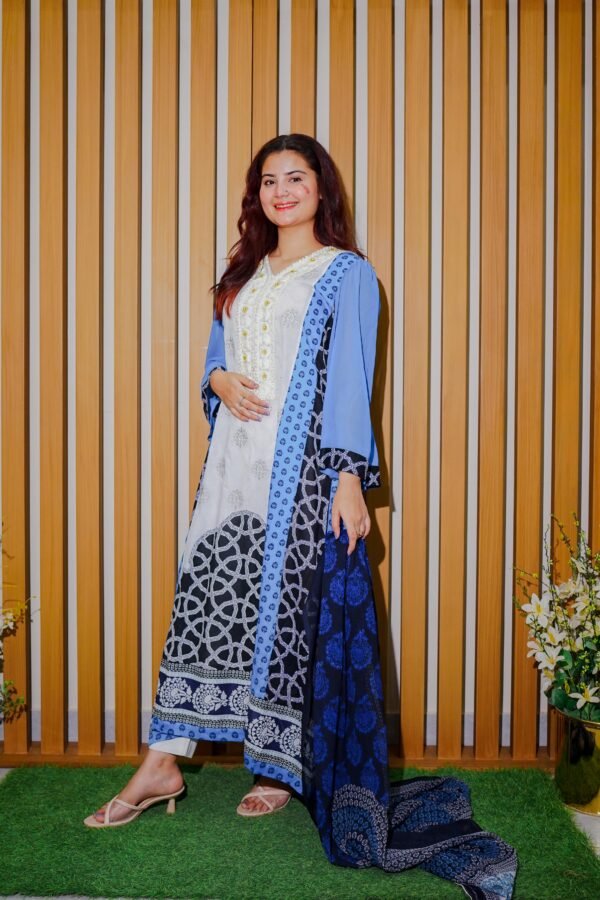 White & Blue 3-Piece Printed Suit with Embroidered Neckline