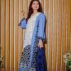 White & Blue 3-Piece Printed Suit with Embroidered Neckline