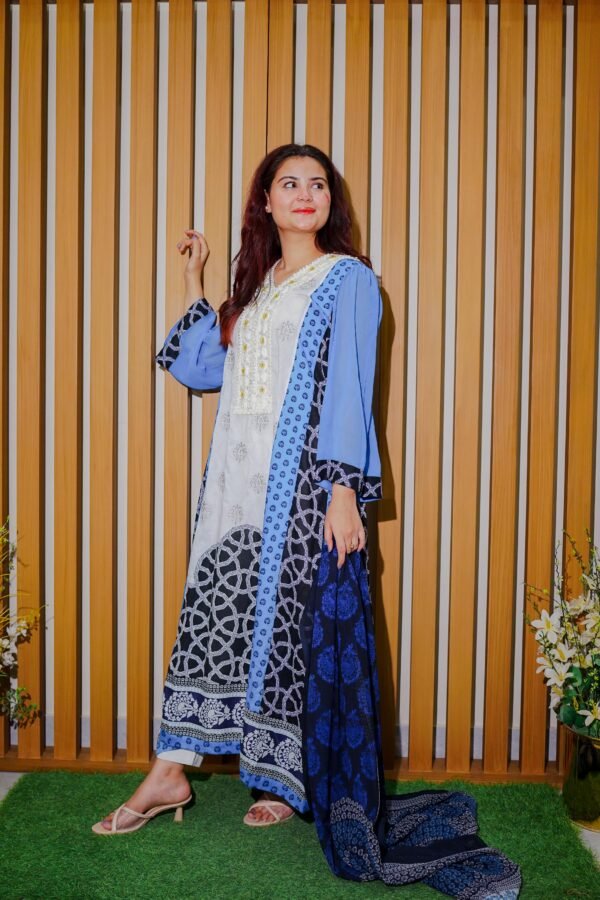 White & Blue 3-Piece Printed Suit with Embroidered Neckline