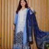 White & Blue 3-Piece Printed Suit with Embroidered Neckline