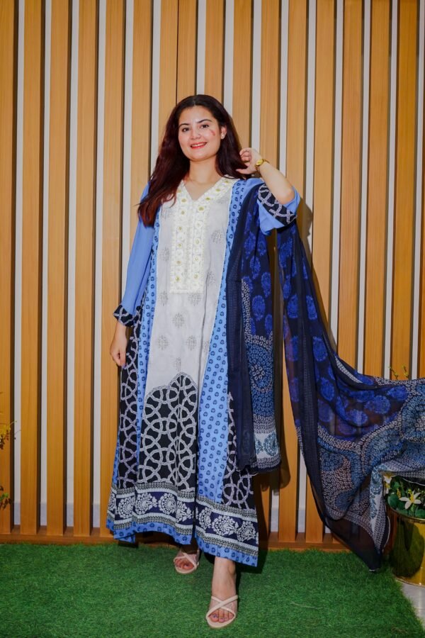 White & Blue 3-Piece Printed Suit with Embroidered Neckline