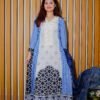 White & Blue 3-Piece Printed Suit with Embroidered Neckline