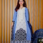 White & Blue 3-Piece Printed Suit with Embroidered Neckline