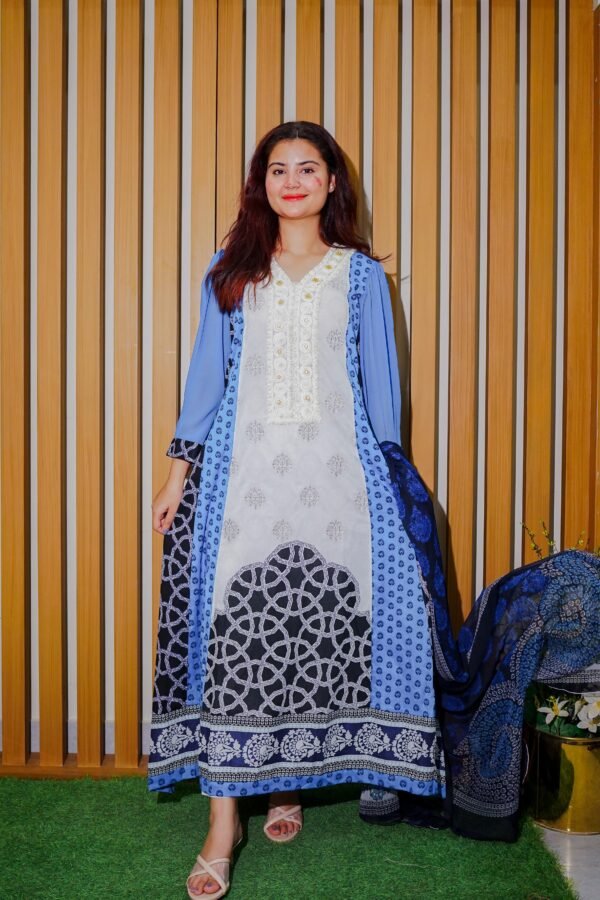 White & Blue 3-Piece Printed Suit with Embroidered Neckline