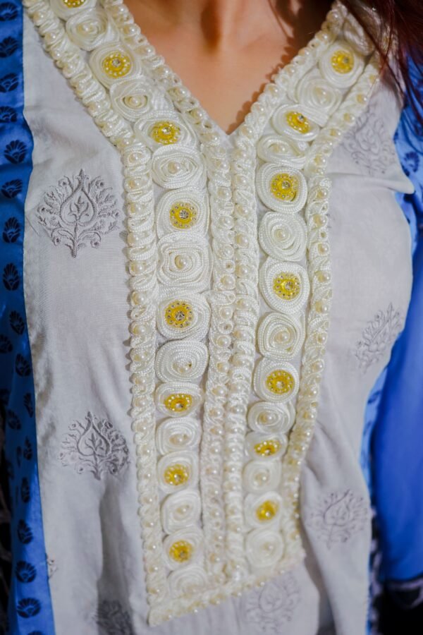 White & Blue 3-Piece Printed Suit with Embroidered Neckline