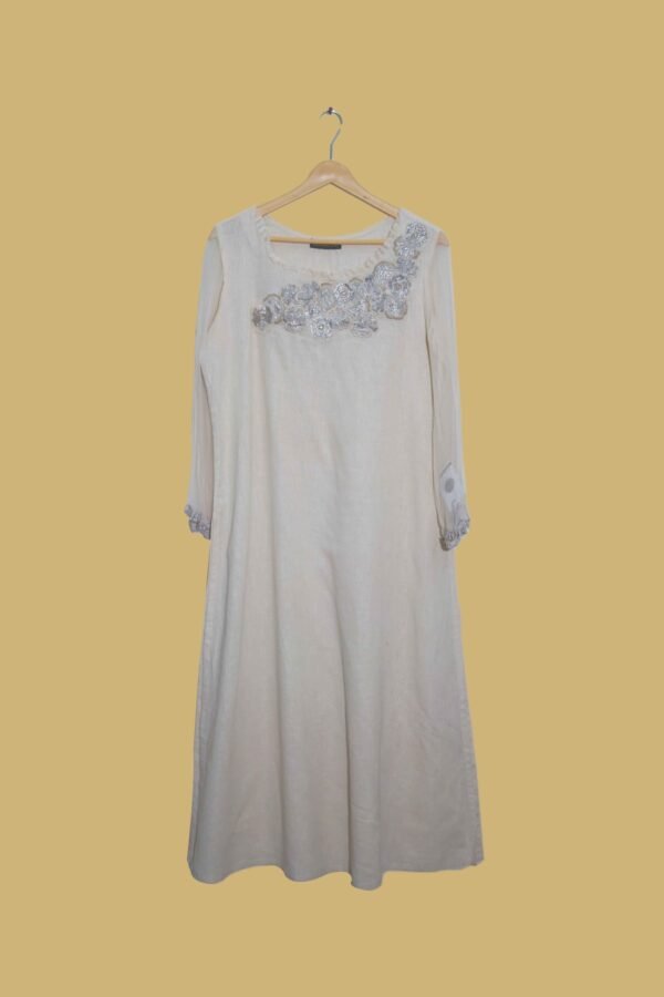 Beige A-Line Kurti with 3D Floral Embellishment