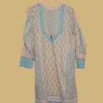 Beige Printed Kurti with Blue Embroidery & Mirror Work