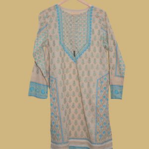Beige Printed Kurti with Blue Embroidery & Mirror Work