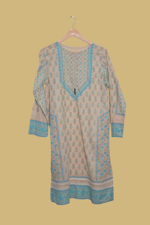 Beige Printed Kurti with Blue Embroidery & Mirror Work