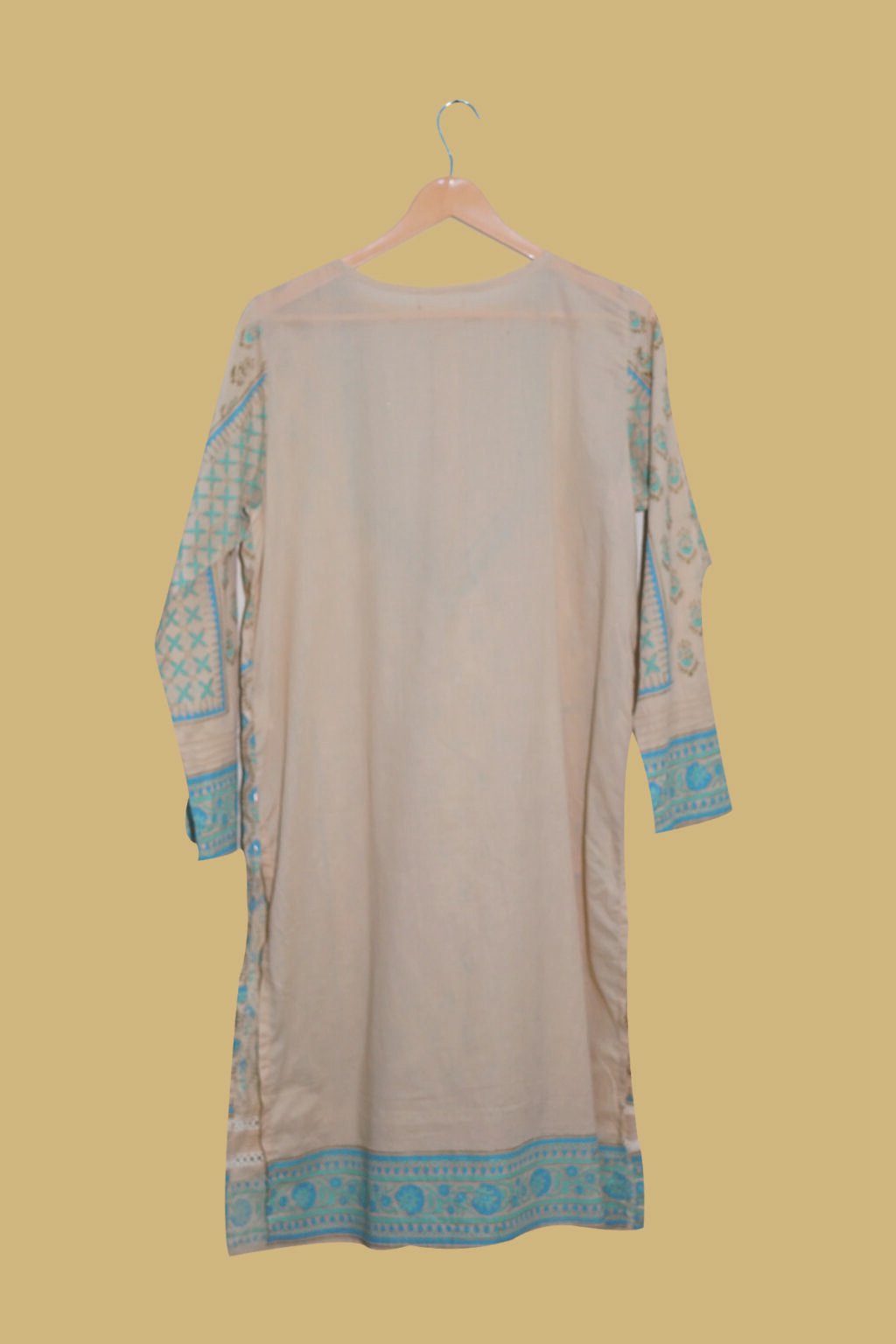Beige Printed Kurti with Blue Embroidery & Mirror Work