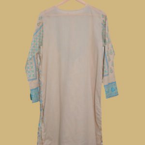 Beige Printed Kurti with Blue Embroidery & Mirror Work