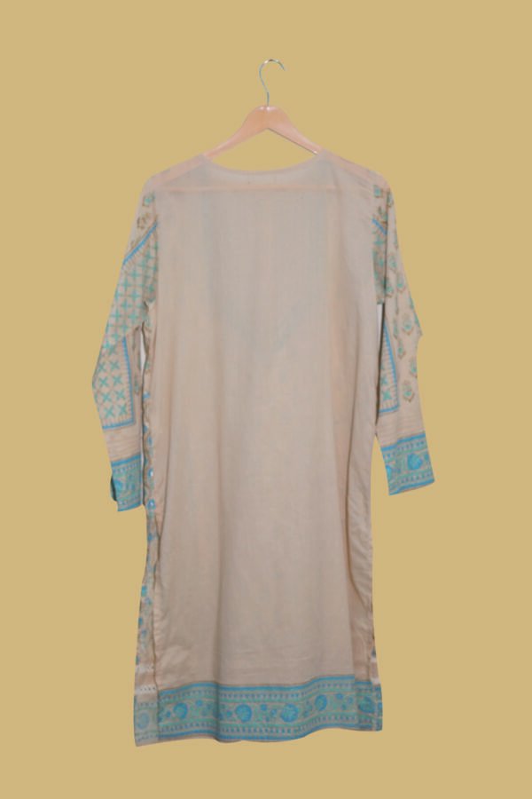 Beige Printed Kurti with Blue Embroidery & Mirror Work
