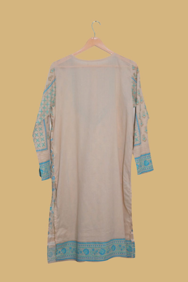 Beige Printed Kurti with Blue Embroidery & Mirror Work