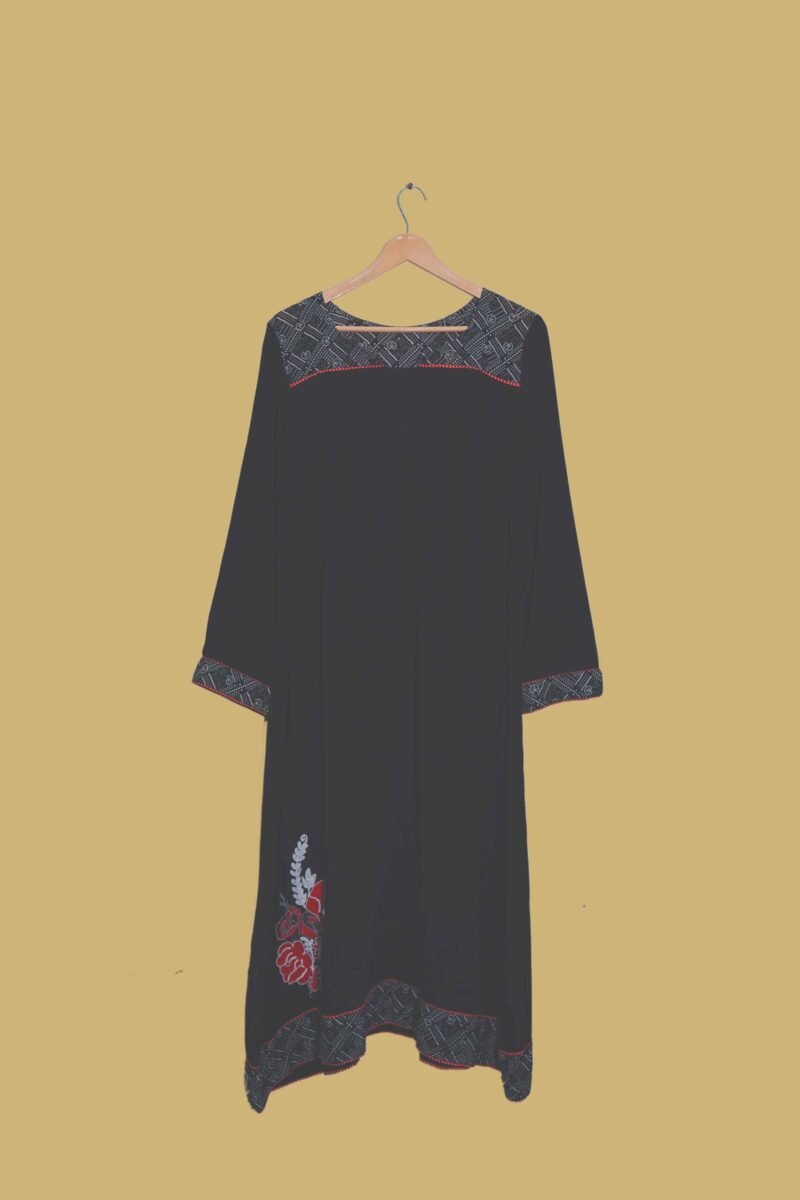 Black Crepe Kurti with Tribal Border & Floral Embroidery