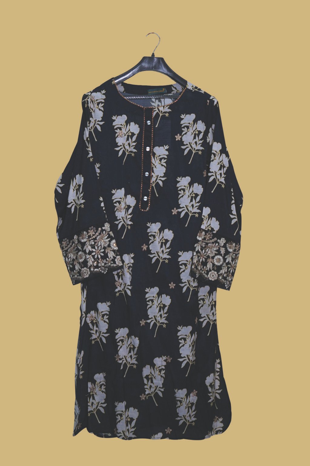 Black Floral Printed Kurti with Embroidered Sleeves