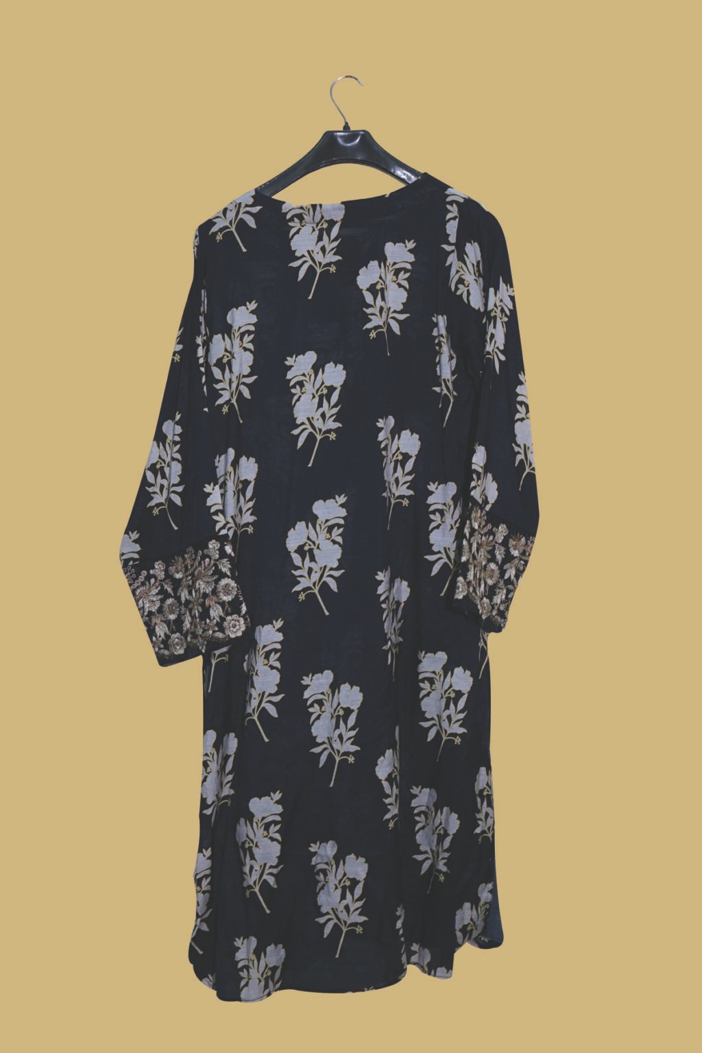 Black Floral Printed Kurti with Embroidered Sleeves