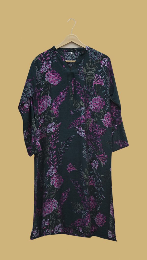 Black Kurti with Purple Floral Print – Elegant & Timeless