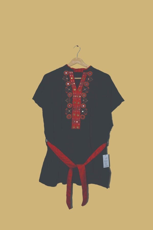 Black Mirror Work Short Kurti with Red Embroidery