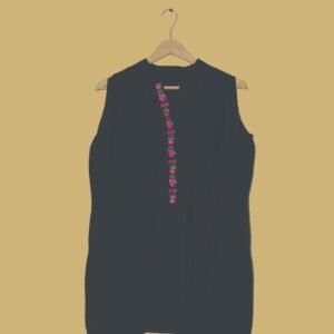 Black Sleeveless Kurti with Pink Floral Embroidery