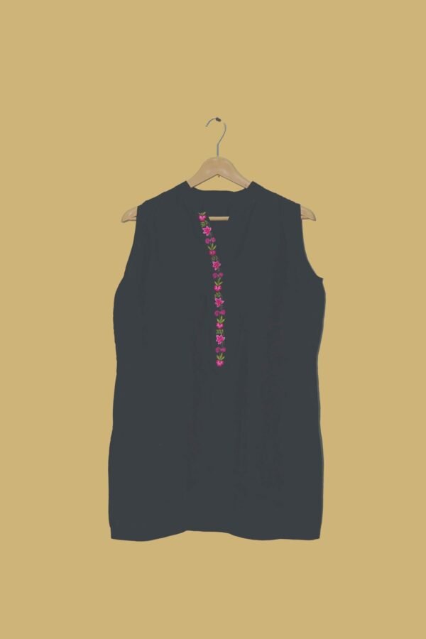 Black Sleeveless Kurti with Pink Floral Embroidery