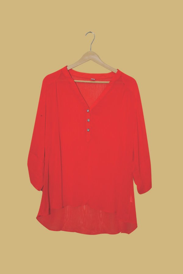 Bold Red High-Low Tunic Top with Front Buttons