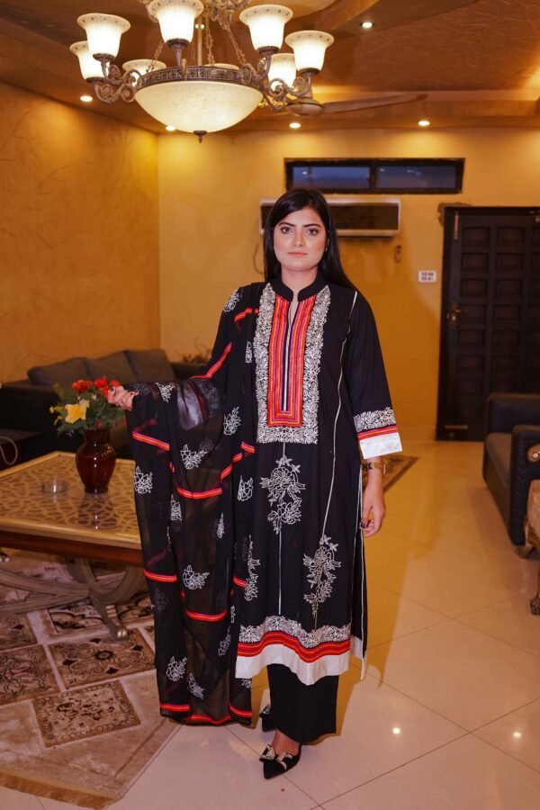 Classic Black Floral Embroidered Lawn Suit