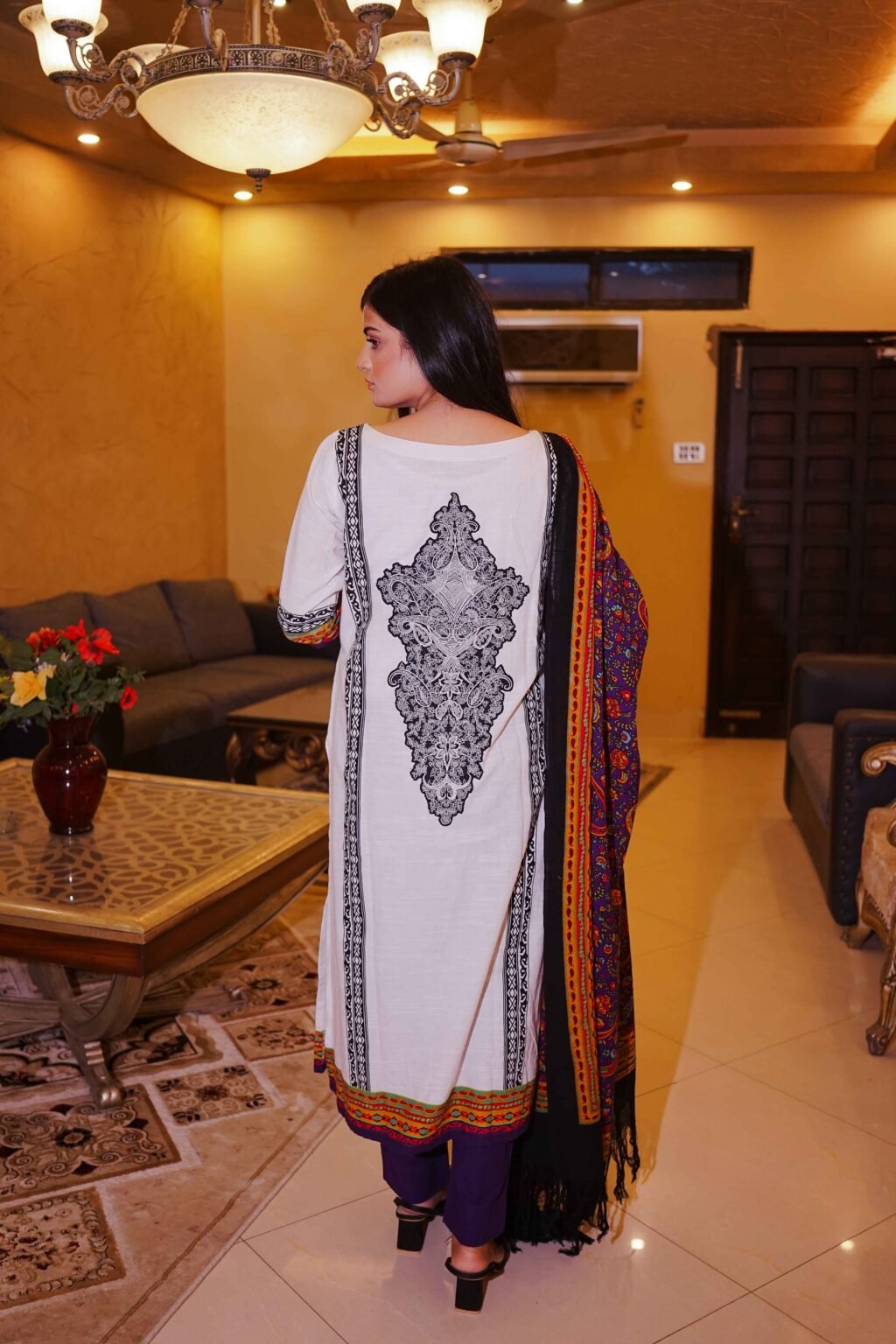 Classic Black & White Printed Suit with Multicolor Dupatta