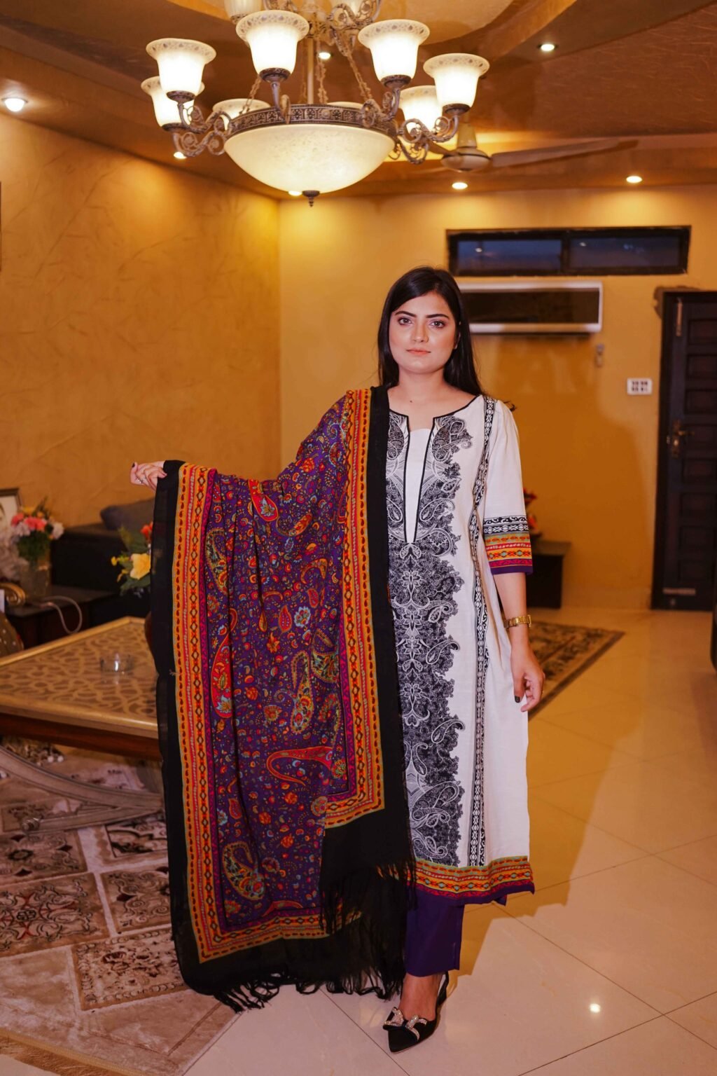 Classic Black & White Printed Suit with Multicolor Dupatta