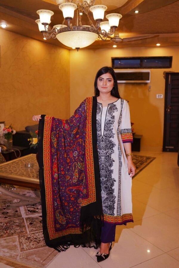 Classic Black & White Printed Suit with Multicolor Dupatta