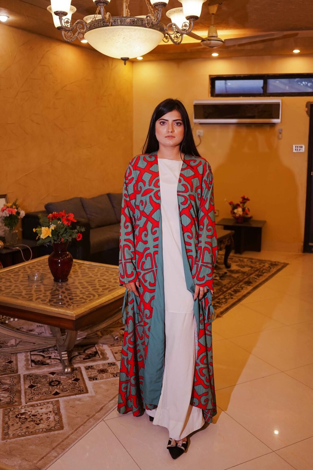 Contemporary Red & Teal Printed Coat Style Outfit