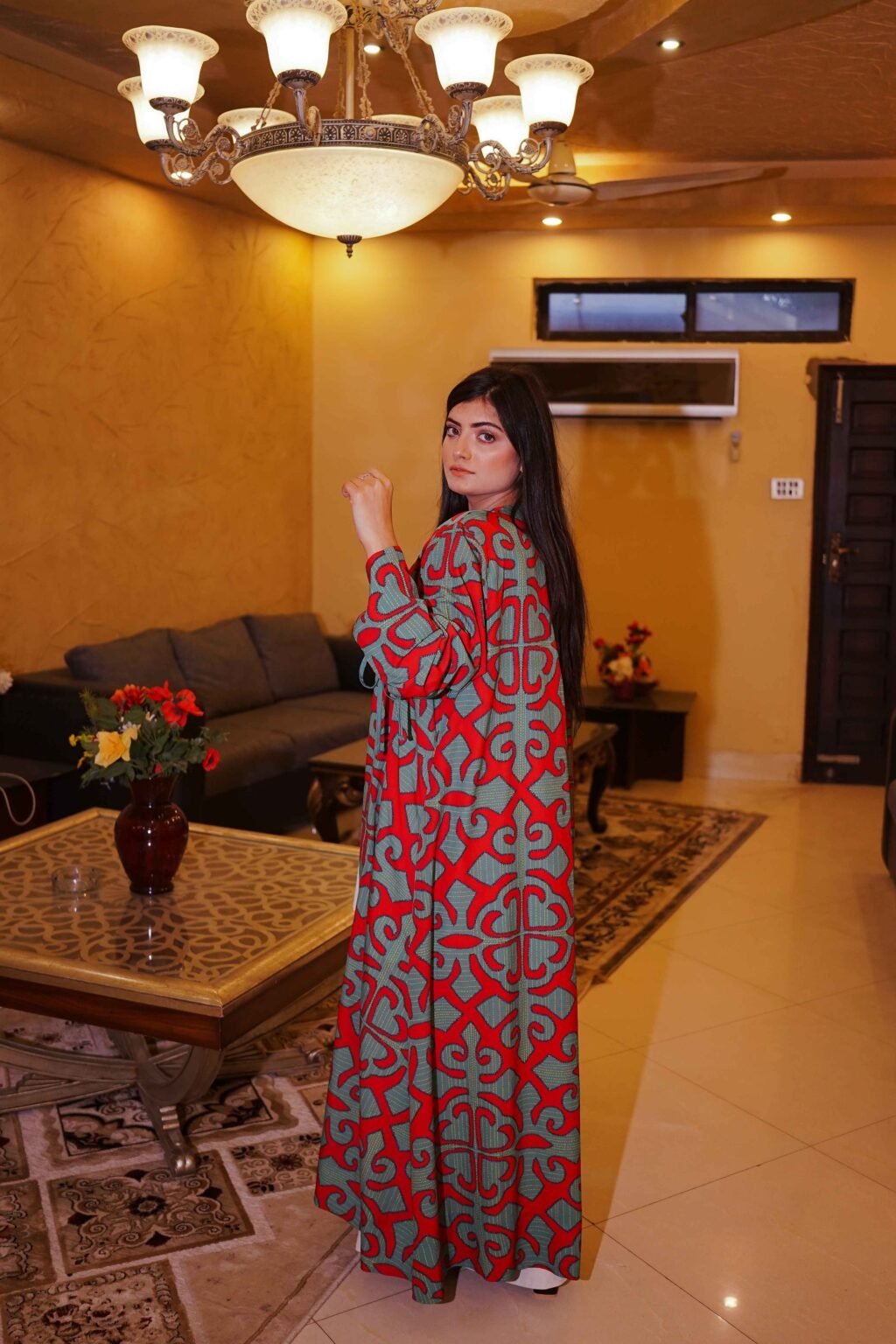 Contemporary Red & Teal Printed Coat Style Outfit