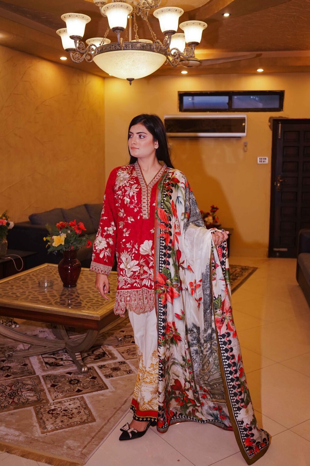 Crimson Garden Embroidered Elegance