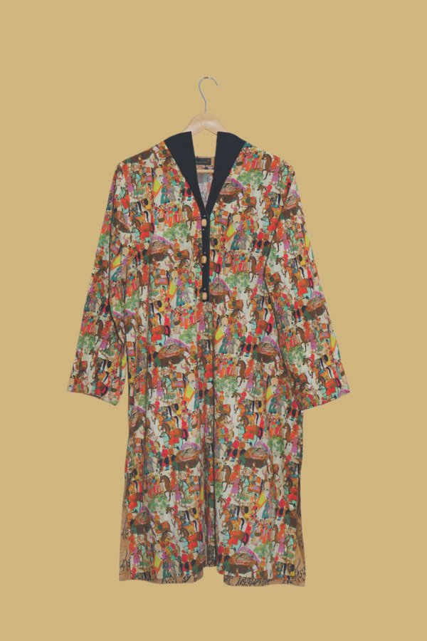 Desi Cultural Printed Kurti with Black V-Neck