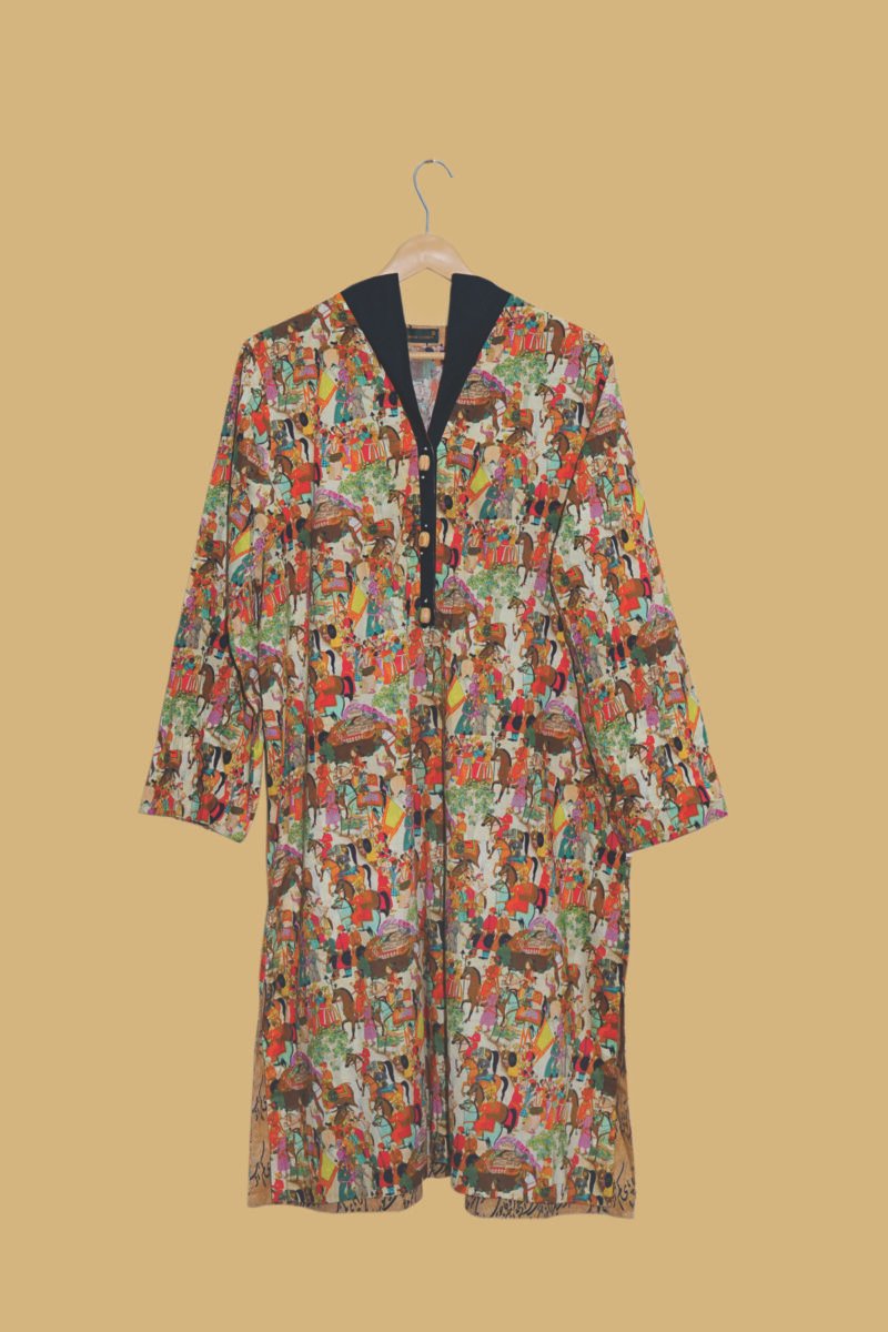 Desi Cultural Printed Kurti with Black V-Neck
