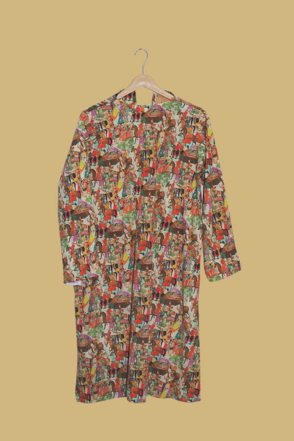 Desi Cultural Printed Kurti with Black V-Neck