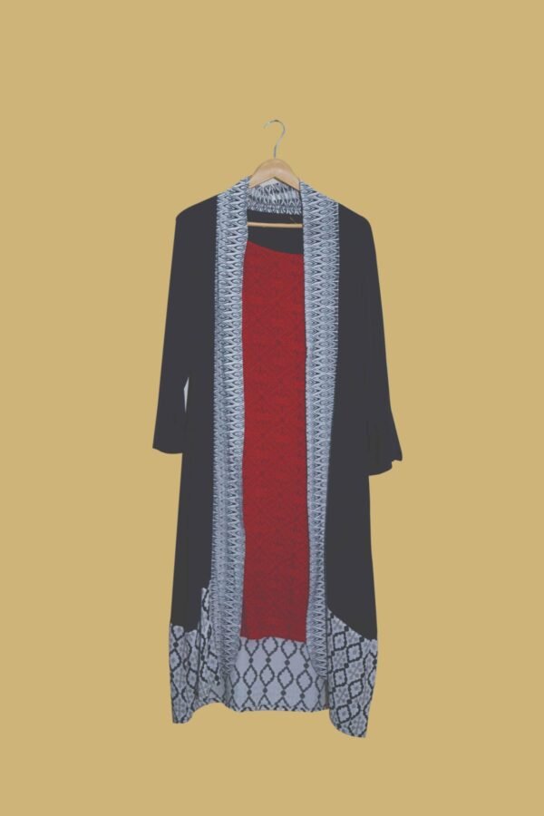 Elegant Black & Red Coat-Style Kurti with Printed Borders