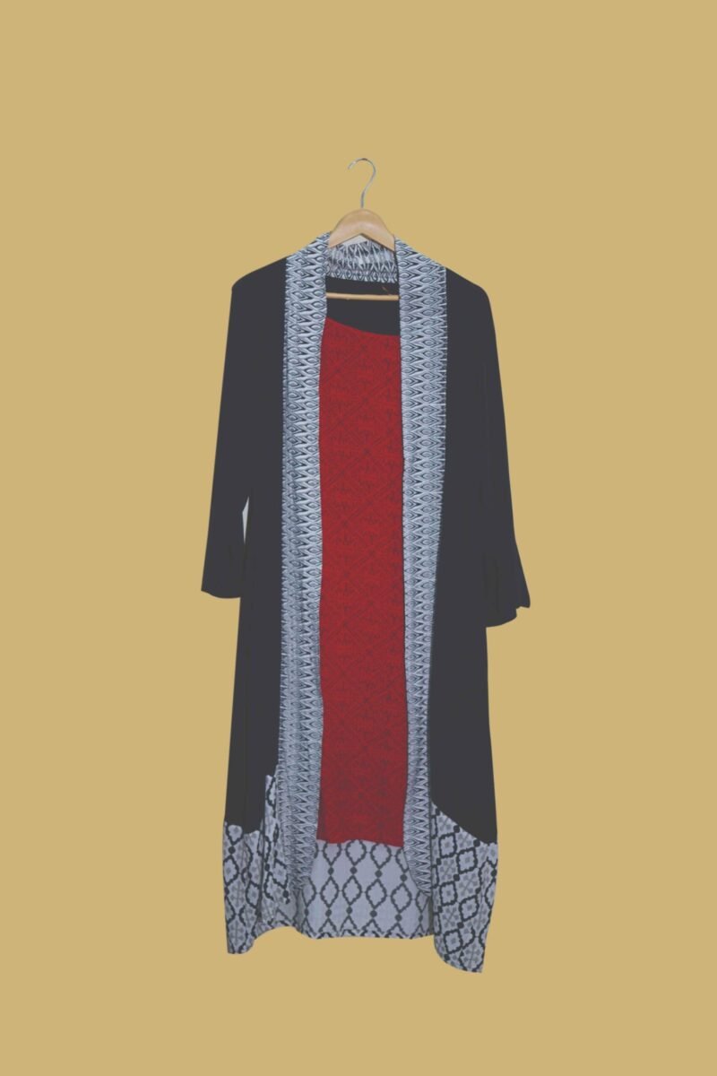 Elegant Black & Red Coat-Style Kurti with Printed Borders