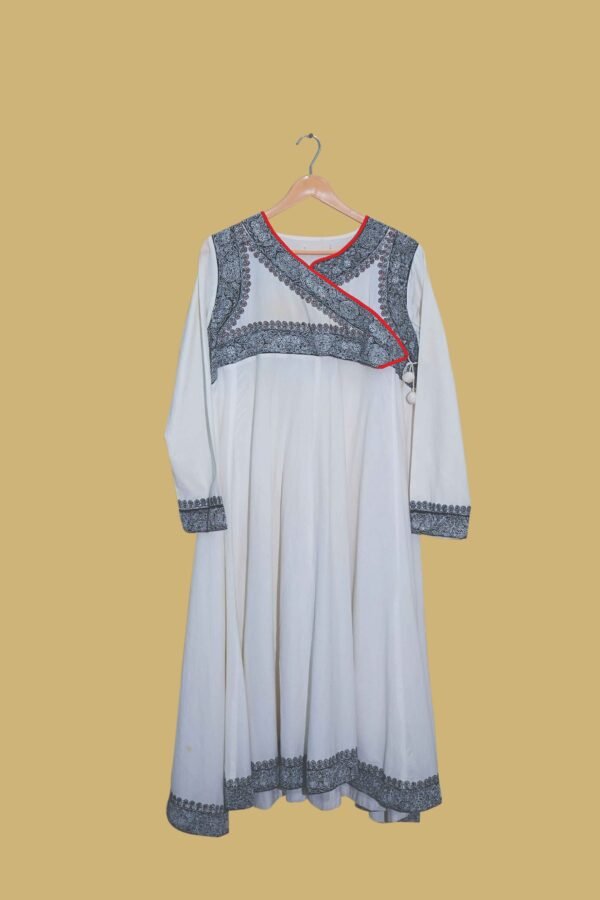 Elegant White Anarkali with Black Block Print & Red Piping