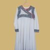 Elegant White Anarkali with Black Block Print & Red Piping