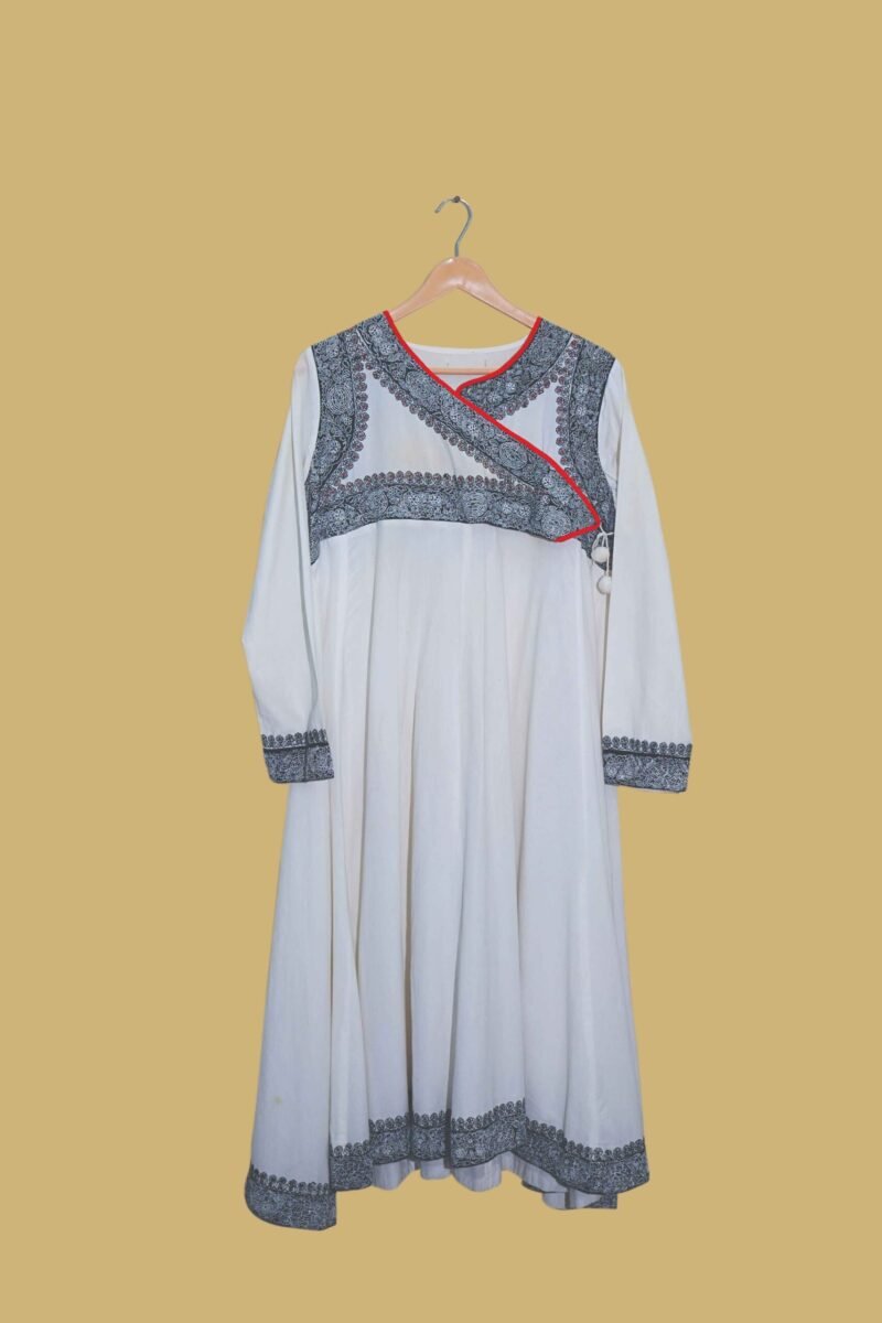 Elegant White Anarkali with Black Block Print & Red Piping