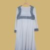 Elegant White Anarkali with Black Block Print & Red Piping