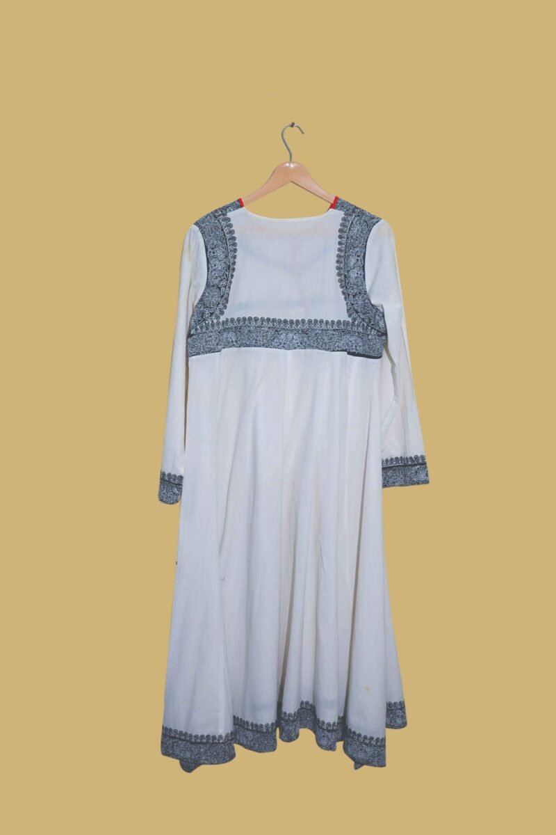 Elegant White Anarkali with Black Block Print & Red Piping
