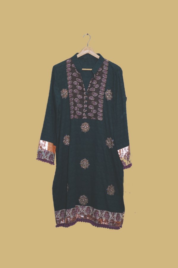 Embroidered Deep Green Kurti with Purple & Gold Handwork