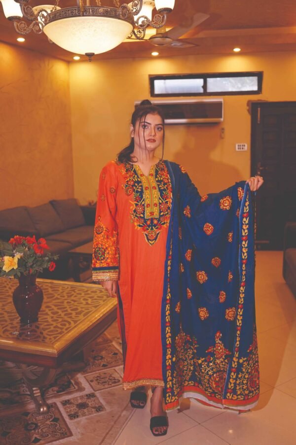 Embroidered Orange & Royal Blue Ethnic Set